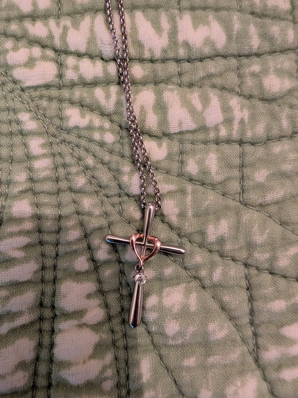 Silver Cross Pendant Necklace with Rose Gold Heart Accent